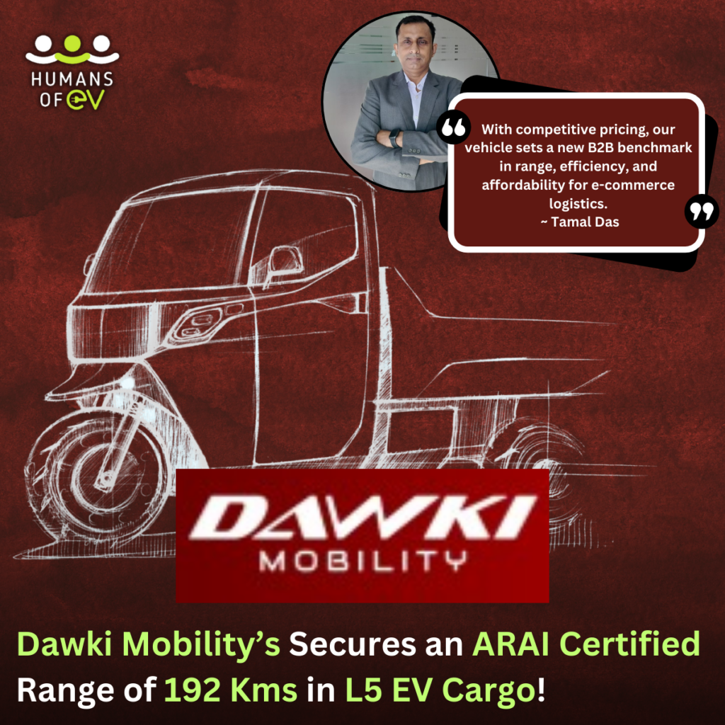 Dawki Mobility breaks ground in electric L5 cargo segment with unprecedented 192 km single-charge range, targeting e-commerce logistics with innovative solution.